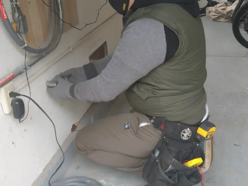 Electrician performing outlet wiring in a Newport garage